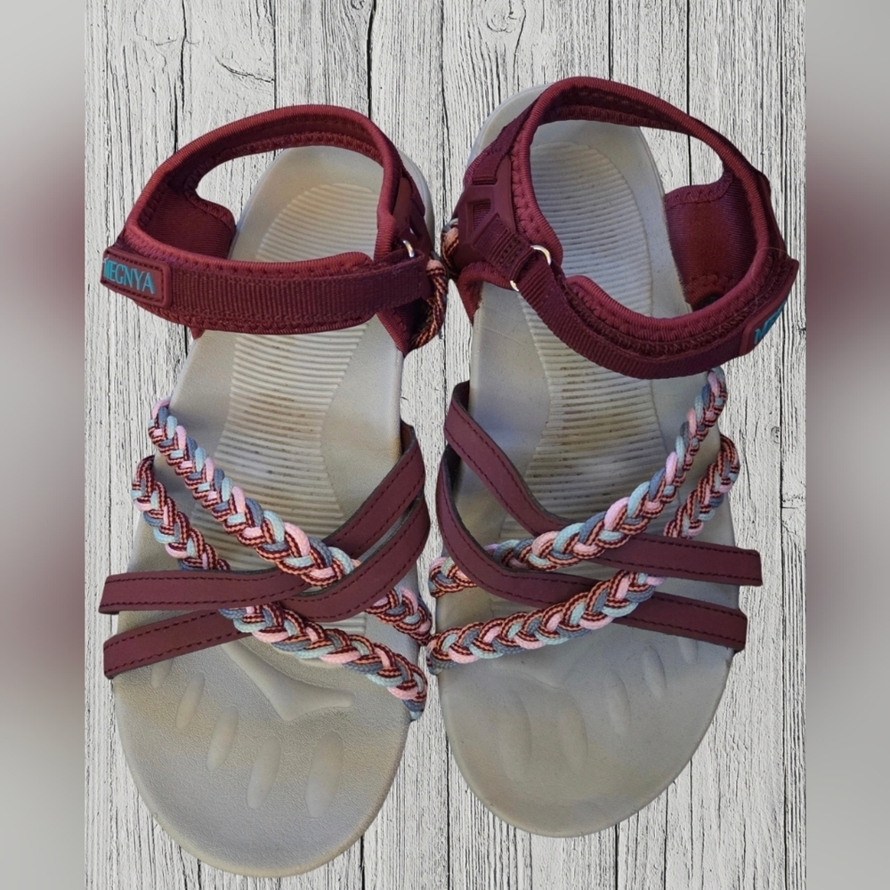MEGNYA Burgundy and White Braided Sandals